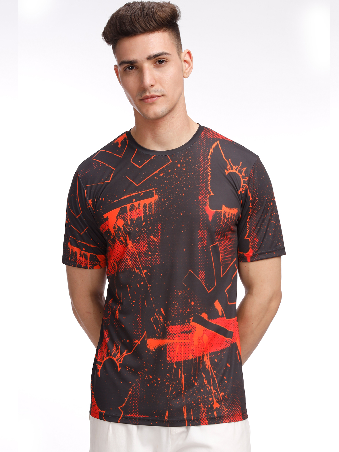 Sunrisers Hyderabad Men Black and Orange Printed Round Neck Half Sleeves Inferno Splash Polyester Fan T-Shirt (9)