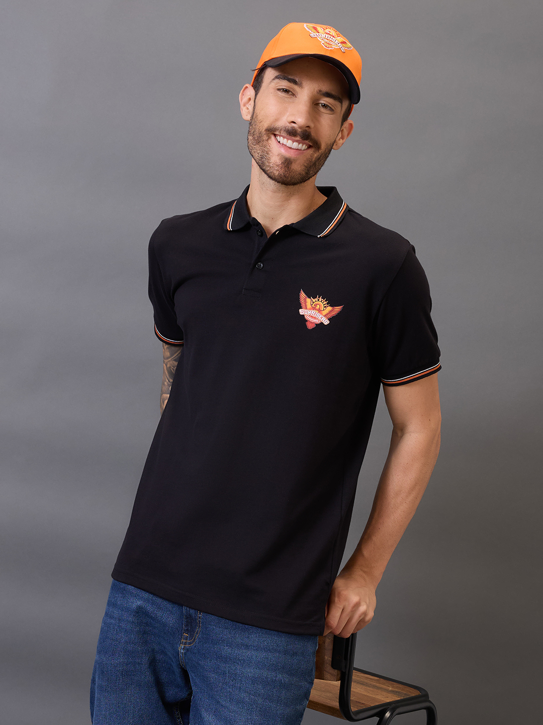 Men Black Logo Printed Half Sleeves Polo Collar Tcotton T-Shirt