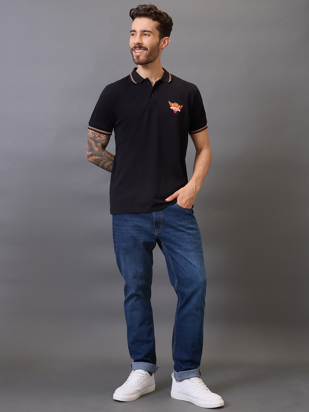 Sunrisers Hyderabad Men Black Logo Printed Half Sleeves Polo Collar Tcotton T-Shirt (4)
