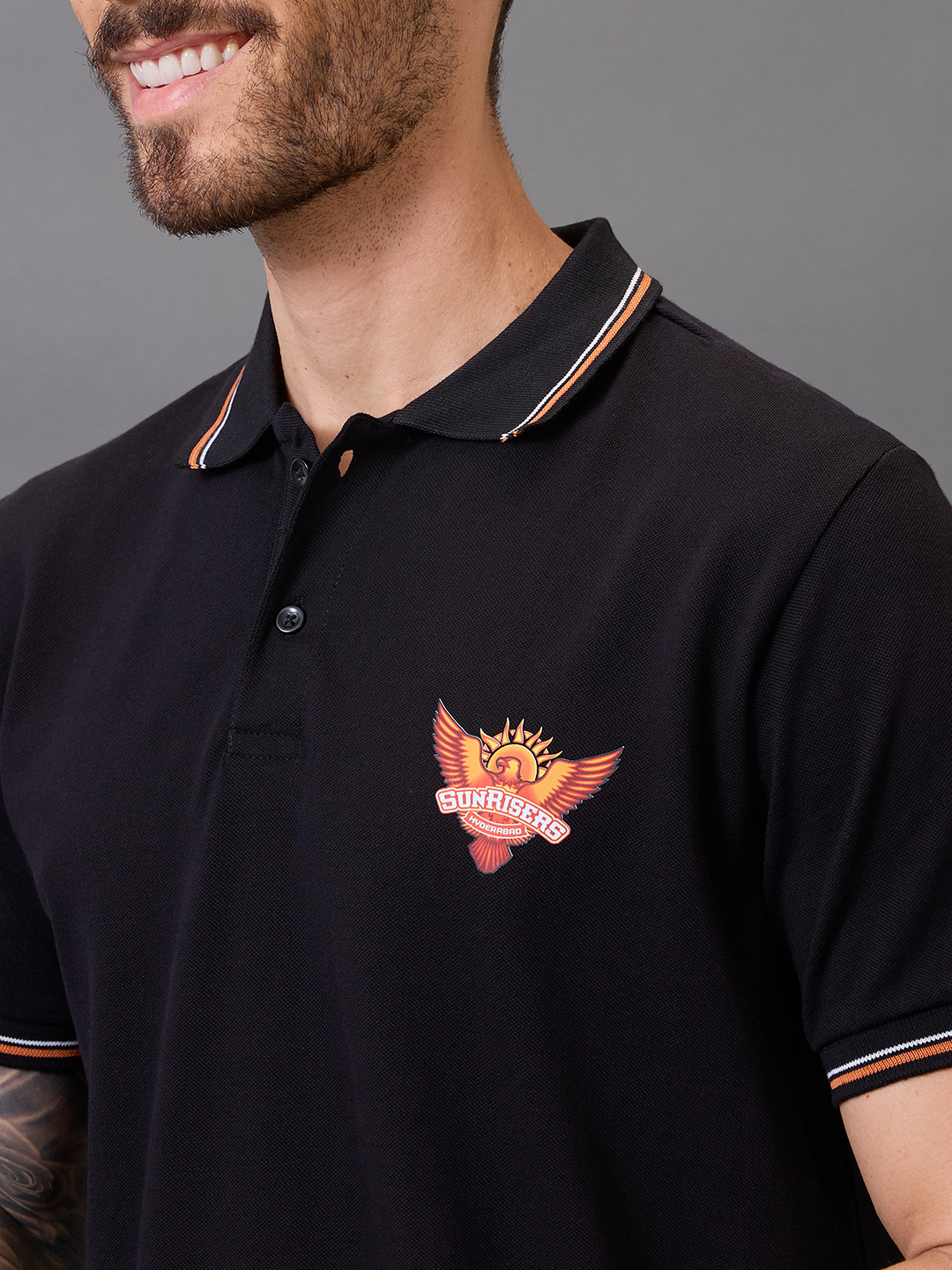 Sunrisers Hyderabad Men Black Logo Printed Half Sleeves Polo Collar Tcotton T-Shirt (2)