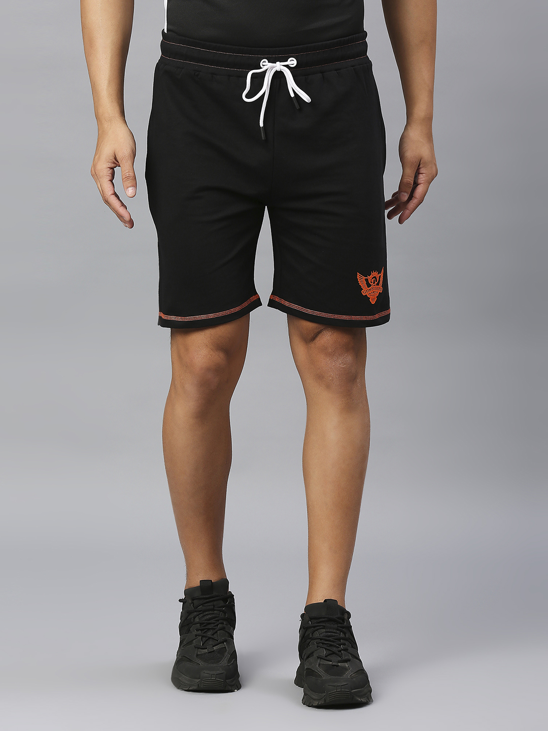 Sunrisers Hyderabad Men Black Logo Printed Mid-Rise Basic Cotton Sports Shorts