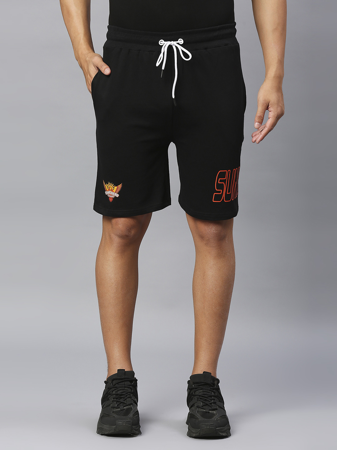 Men Black Printed Mid-Rise Cotton Sports Shorts