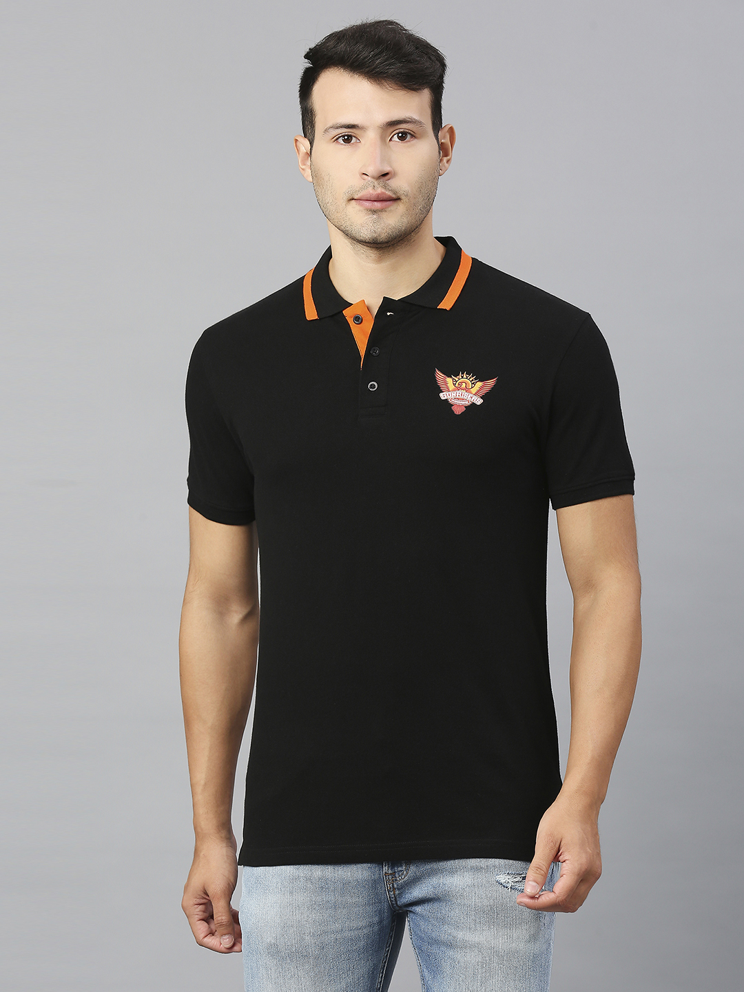Sunrisers Hyderabad Men Black Solid Half Sleeves Polo Collar Cotton T-Shirt (1)