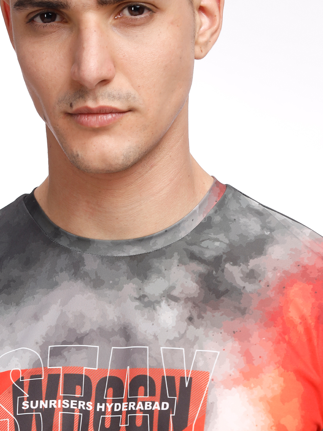 Sunrisers Hyderabad Men Grey and Orange Printed Round Neck Half Sleeves Crimson Flames Polyester Fan T-Shirt (10)