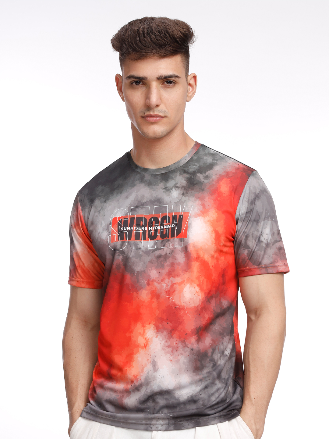 Sunrisers Hyderabad Men Grey and Orange Printed Round Neck Half Sleeves Crimson Flames Polyester Fan T-Shirt (2)
