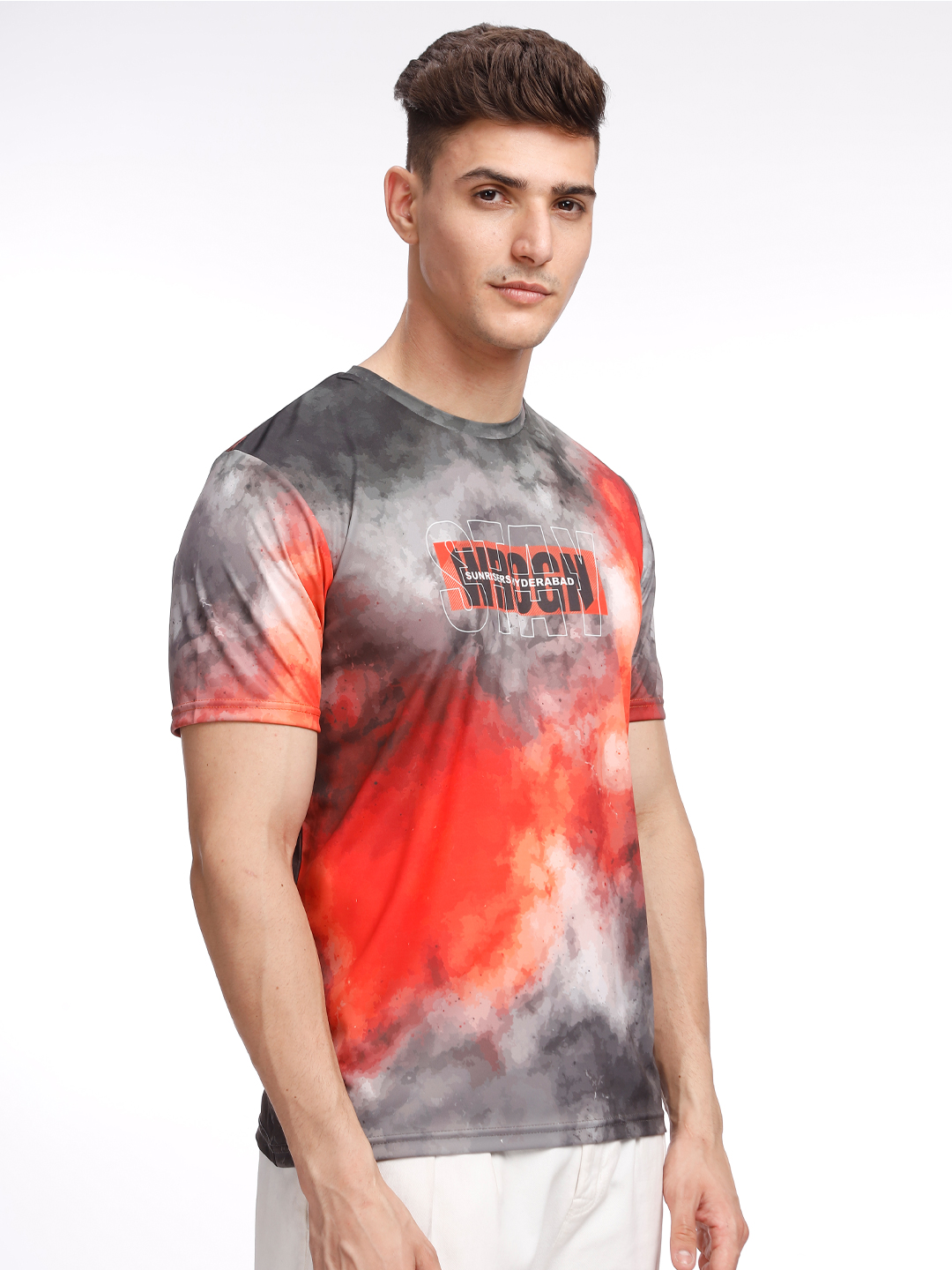 Sunrisers Hyderabad Men Grey and Orange Printed Round Neck Half Sleeves Crimson Flames Polyester Fan T-Shirt (3)