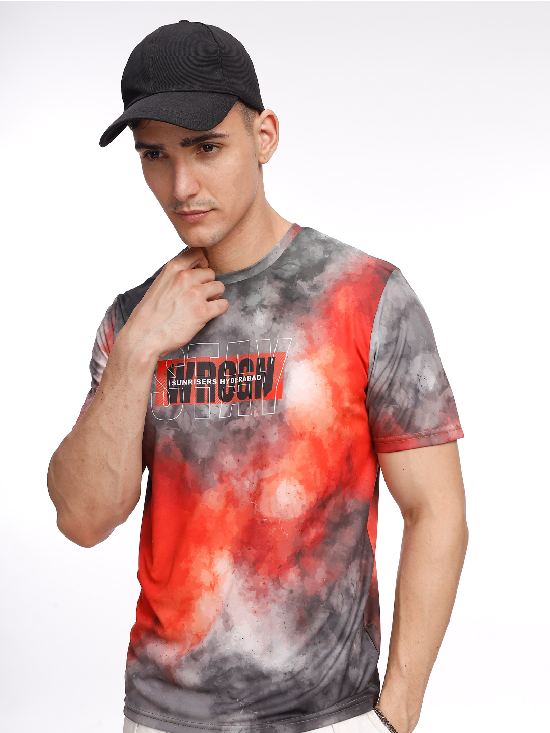 Sunrisers Hyderabad Men Grey and Orange Printed Round Neck Half Sleeves Crimson Flames Polyester Fan T-Shirt (5)