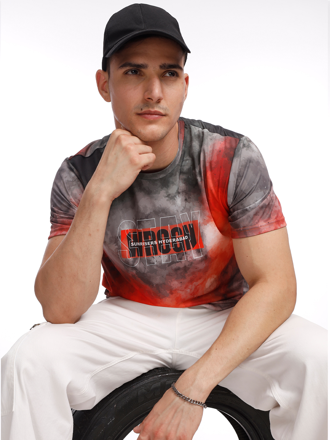 Sunrisers Hyderabad Men Grey and Orange Printed Round Neck Half Sleeves Crimson Flames Polyester Fan T-Shirt (6)