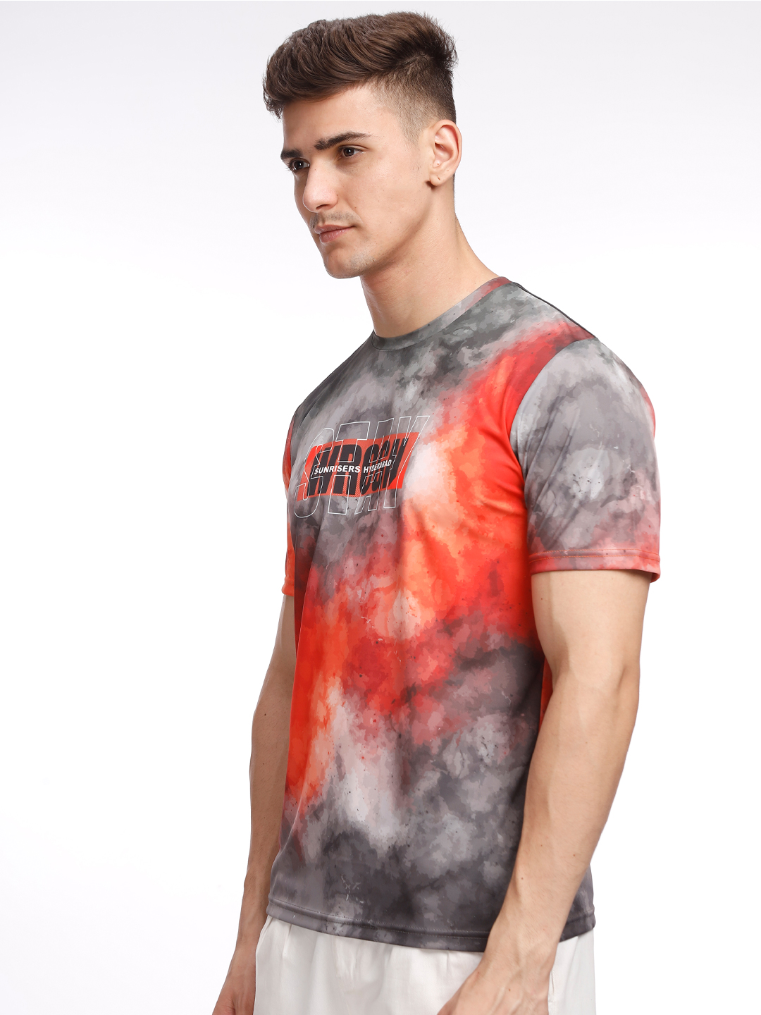 Sunrisers Hyderabad Men Grey and Orange Printed Round Neck Half Sleeves Crimson Flames Polyester Fan T-Shirt (8)
