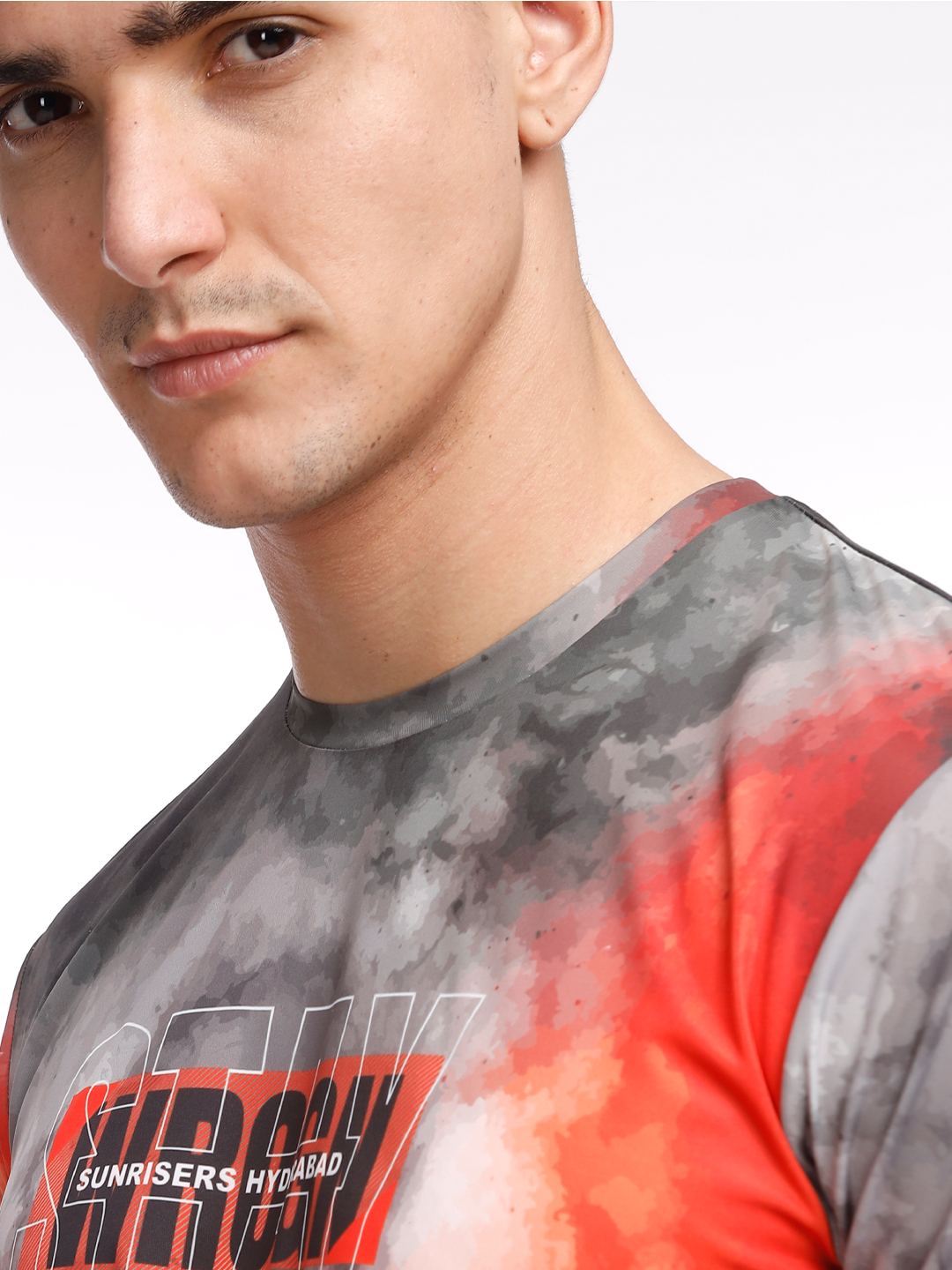 Sunrisers Hyderabad Men Grey and Orange Printed Round Neck Half Sleeves Crimson Flames Polyester Fan T-Shirt (9)