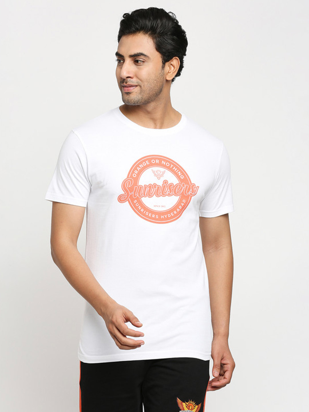 Sunrisers Hyderabad Men White and Orange Graphic Printed Half Sleeves Round Neck Cotton T-Shirt (1)