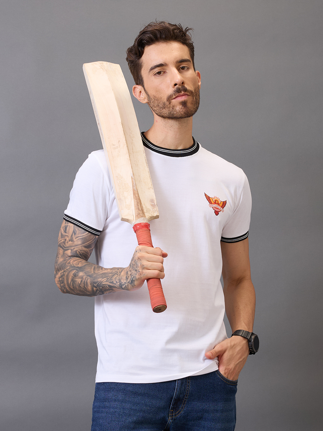 Men White Logo Printed Half Sleeves Round Neck Cotton T-Shirt