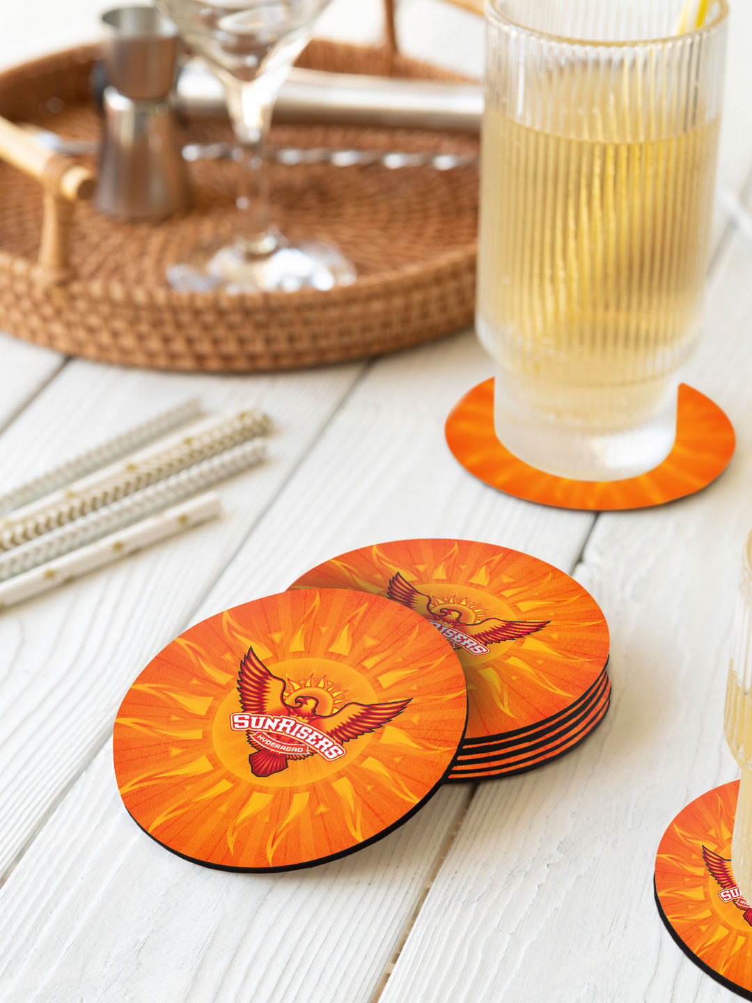 Sunrisers Hyderabad Orange Logo Printed Circular Rubber Coasters - Set of 4 (1)