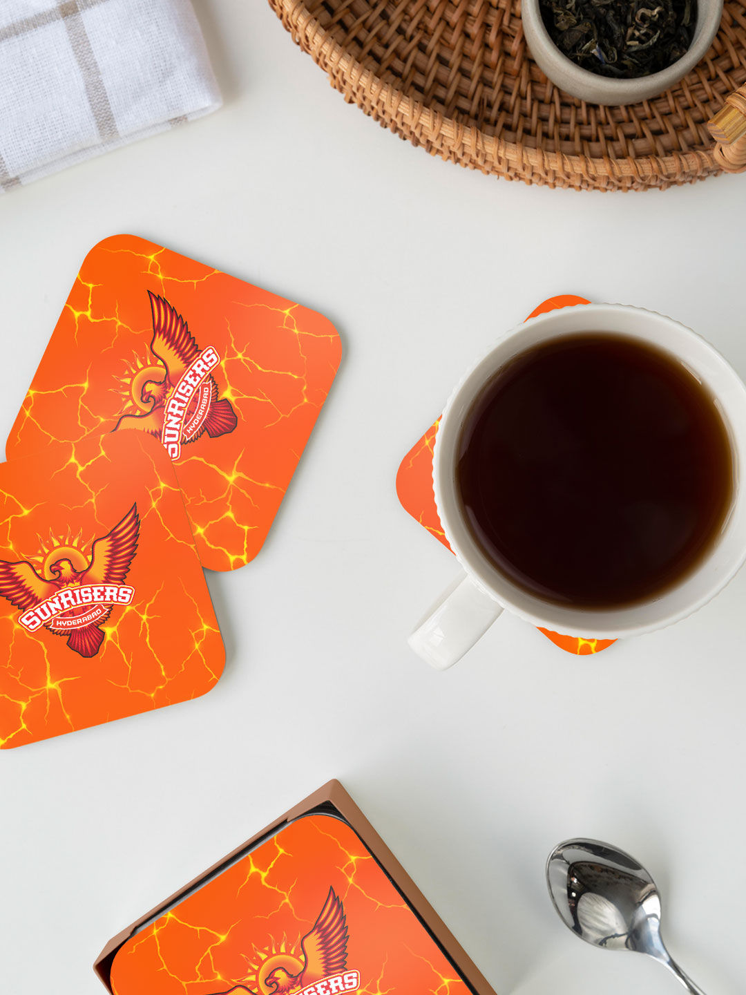 Sunrisers Hyderabad Orange Logo Printed Square Rubber Coasters - Set of 4 (6)