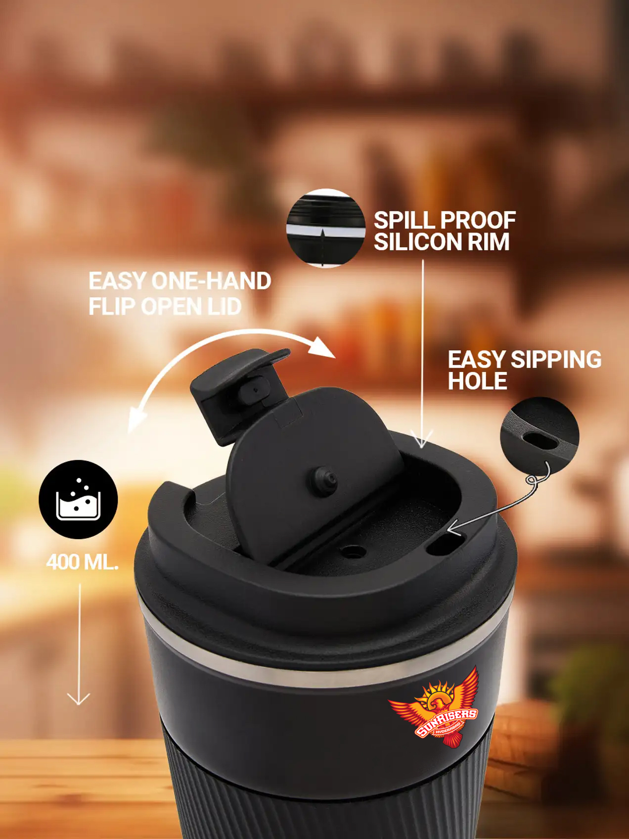 Sunrisers Hyderabad Vacuum Insulated Double-Walled with Spill Proof Flip Top Stainless Steel Coffee Tumbler - 400 ML (Bl (2)