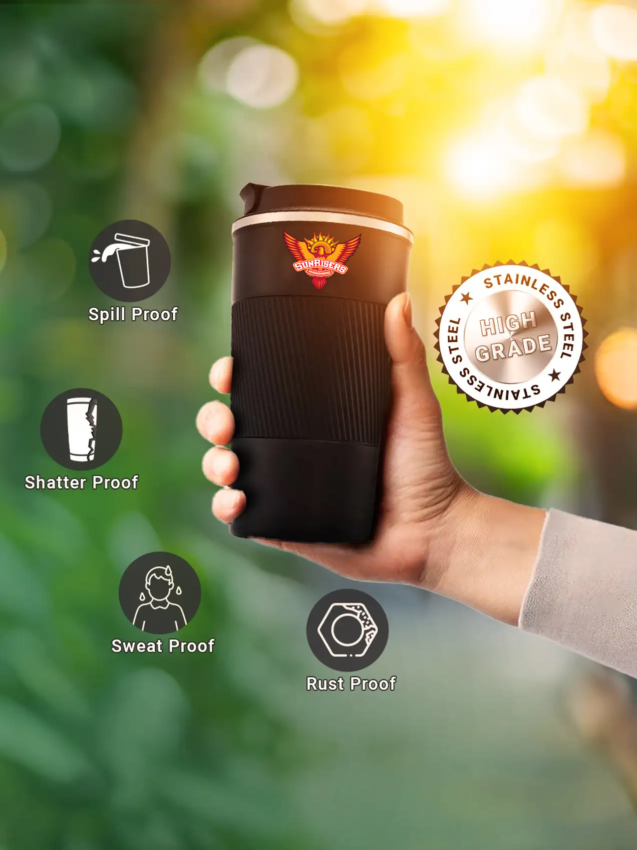 Sunrisers Hyderabad Vacuum Insulated Double-Walled with Spill Proof Flip Top Stainless Steel Coffee Tumbler - 400 ML (Bl (3)