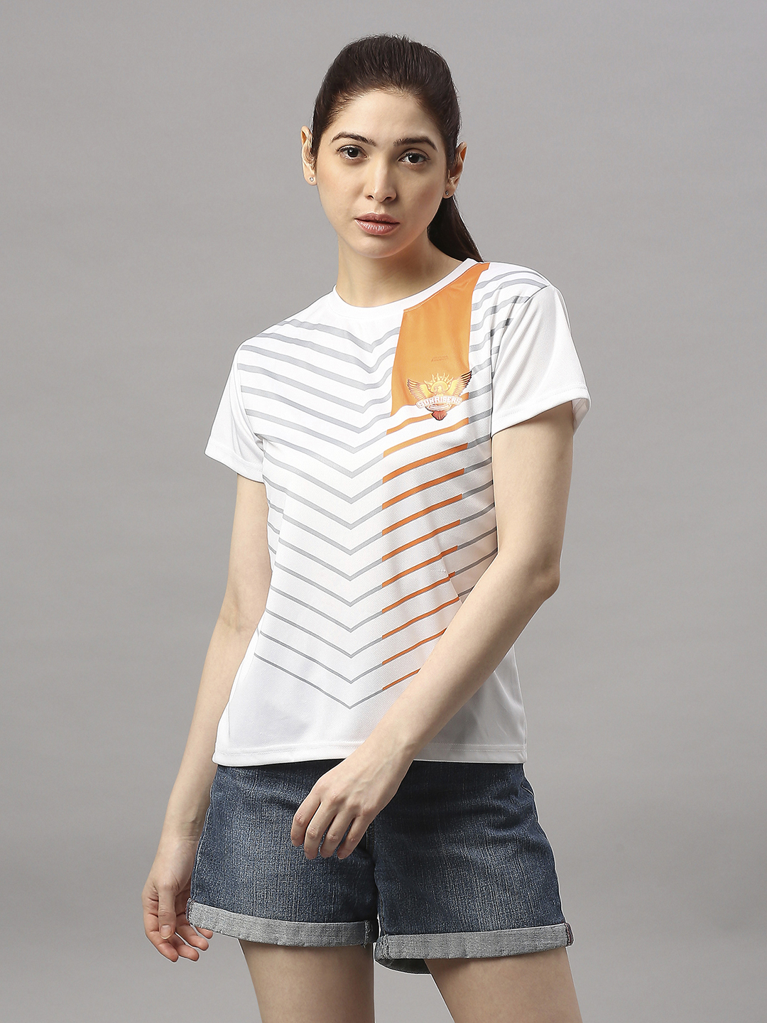 Sunrisers Hyderabad Women White All Over Print Half Sleeves Round Neck Polyester T-Shirt (1)