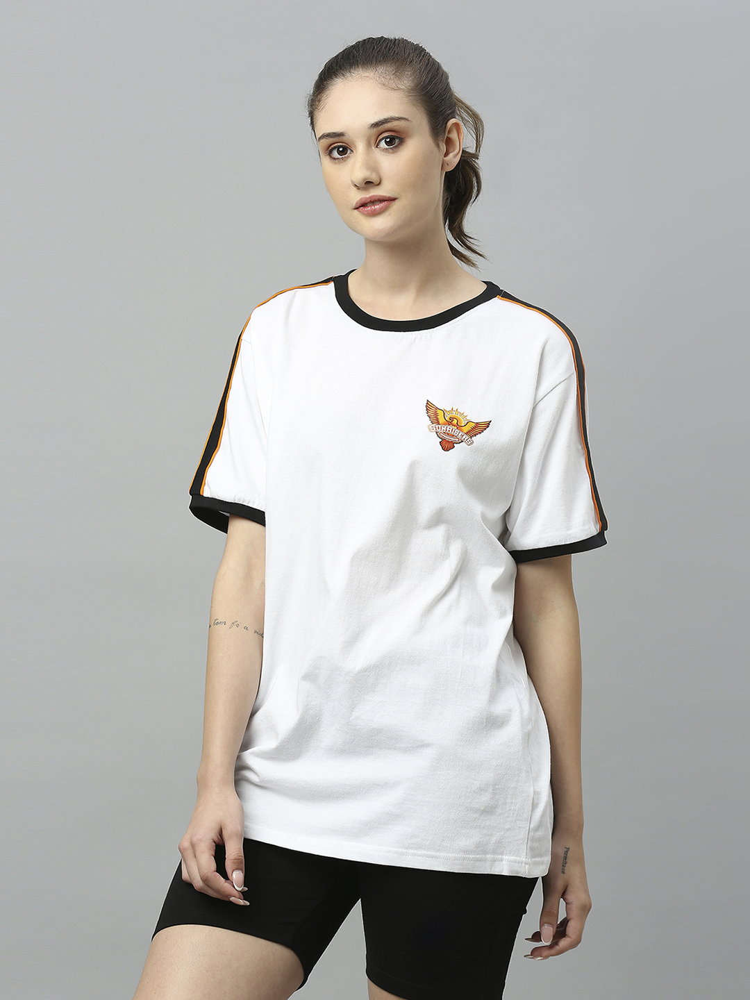 Sunrisers Hyderabad Women White Solid Half Sleeves Round Neck Cotton T-Shirt (3)