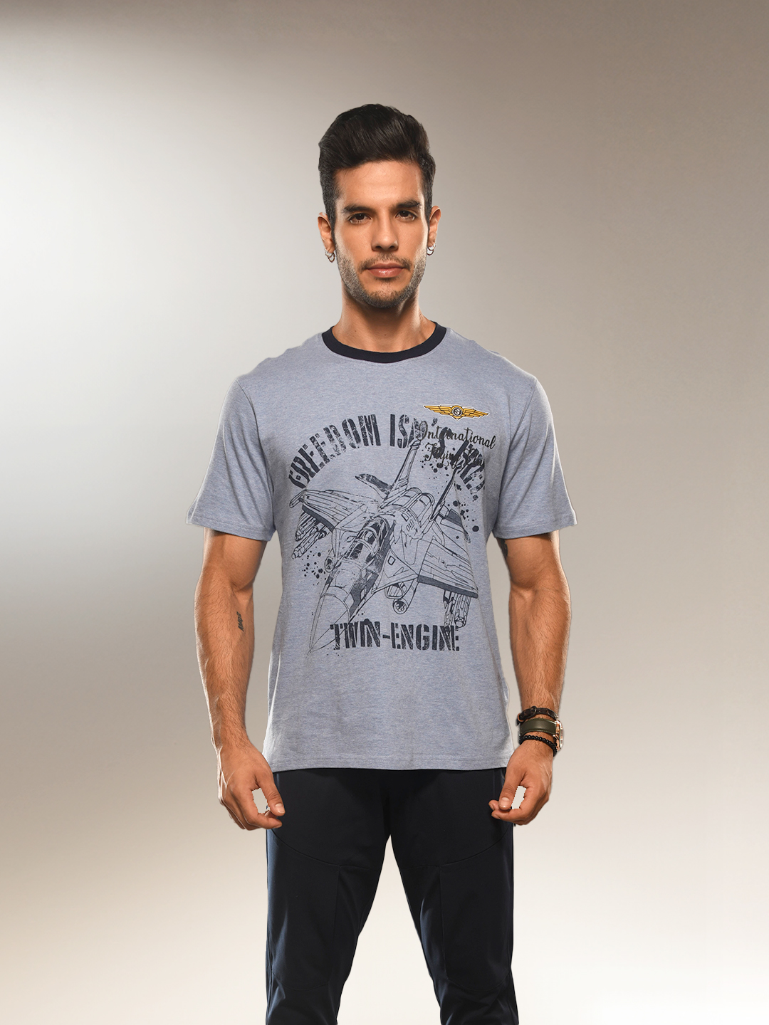 Aviation Iceman Blue Melange Graphic T-shirt