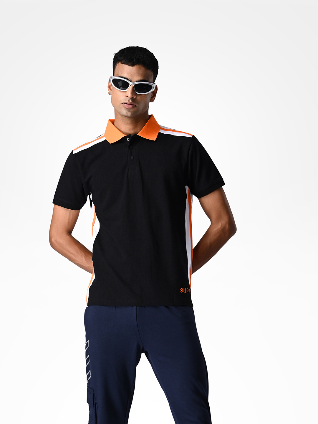 Black and Ornage Sporty Panelled Polo T-shirt