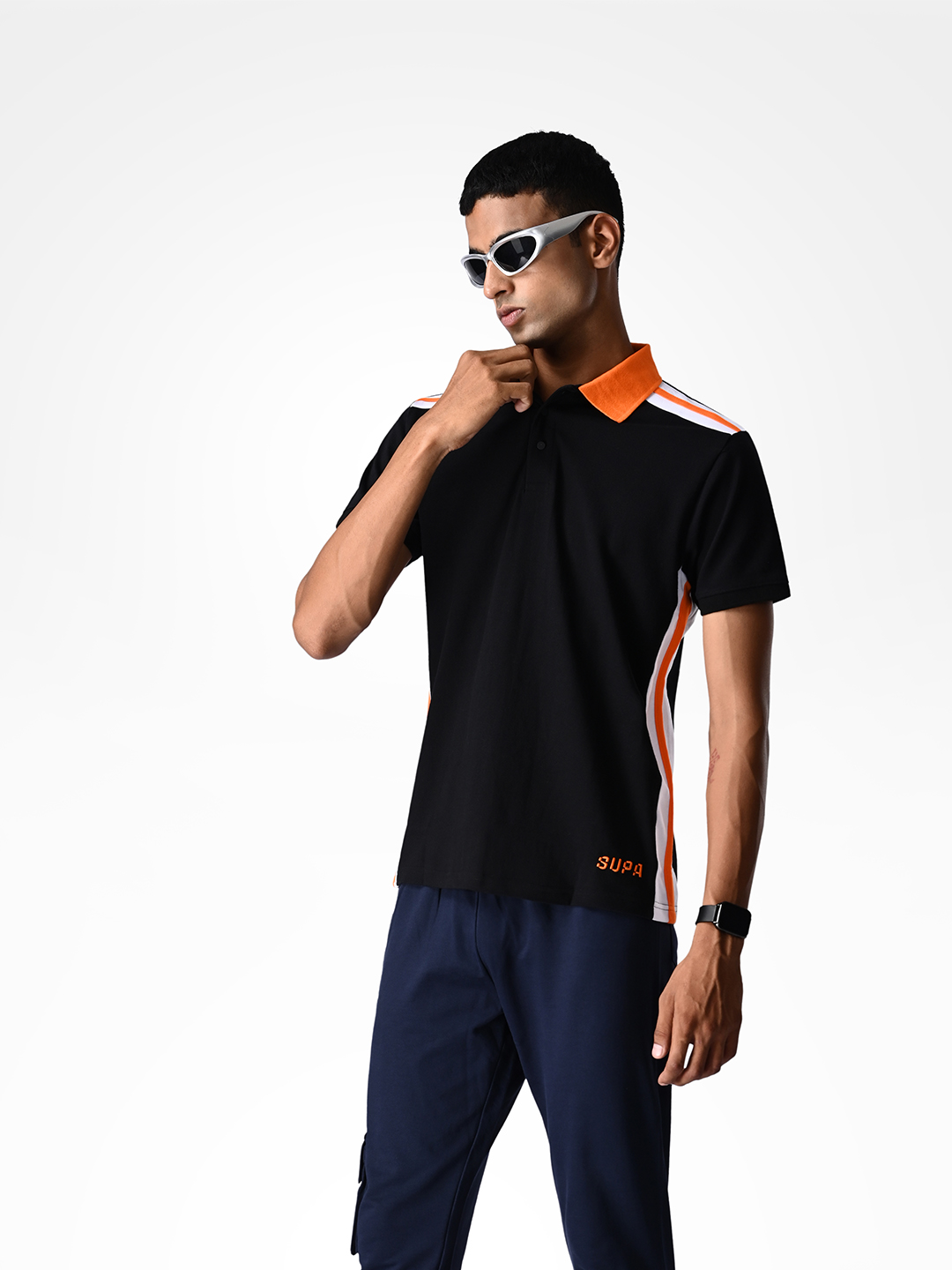Supa Black and Ornage Sporty Panelled Polo T-shirt (2)