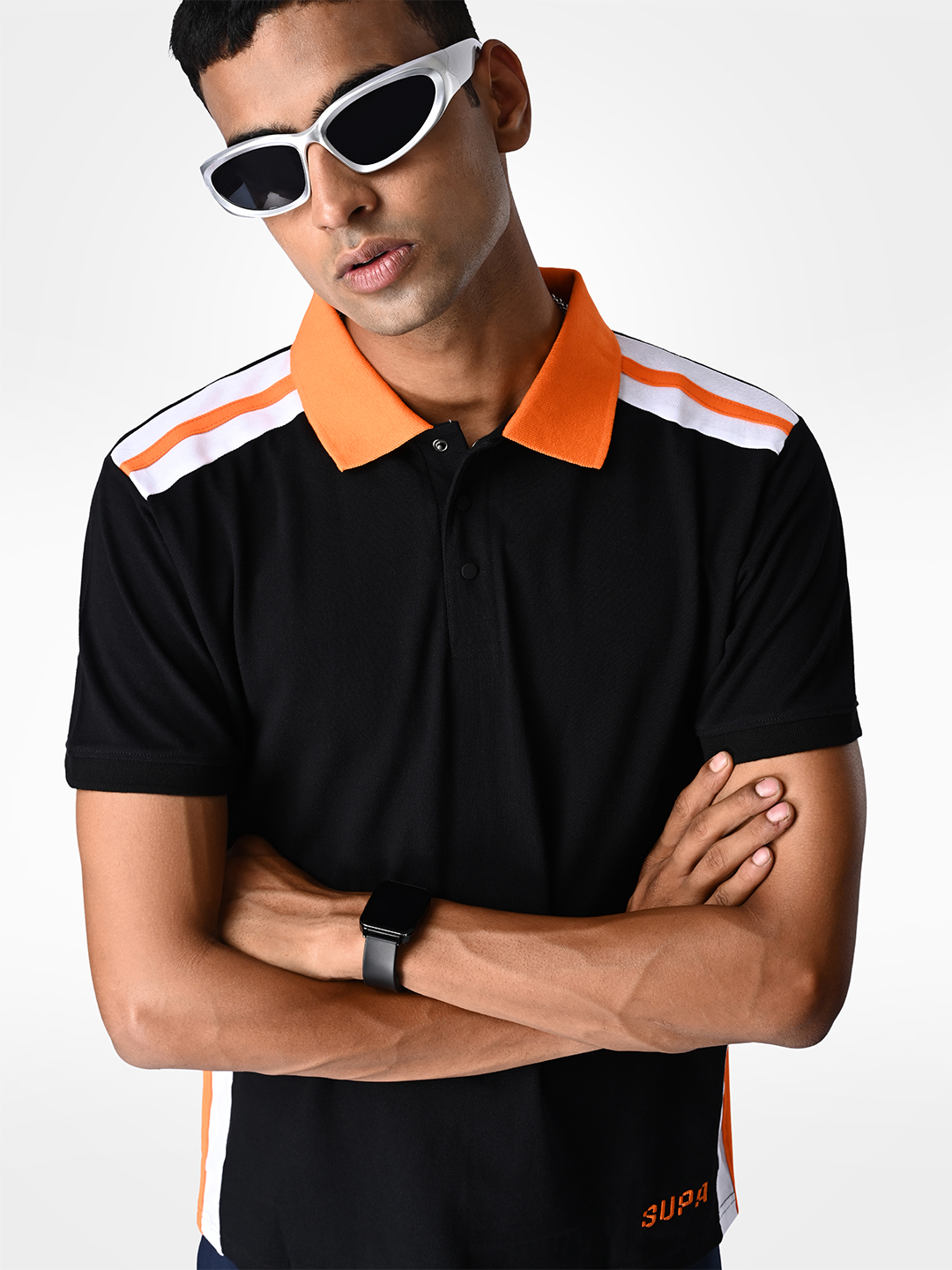 Supa Black and Ornage Sporty Panelled Polo T-shirt (7)