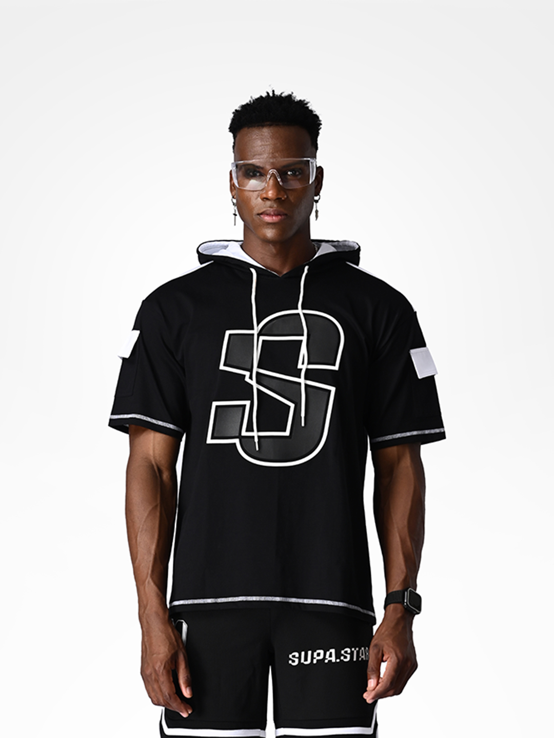 Black Printed Half Sleeves Hoodie T-shirt