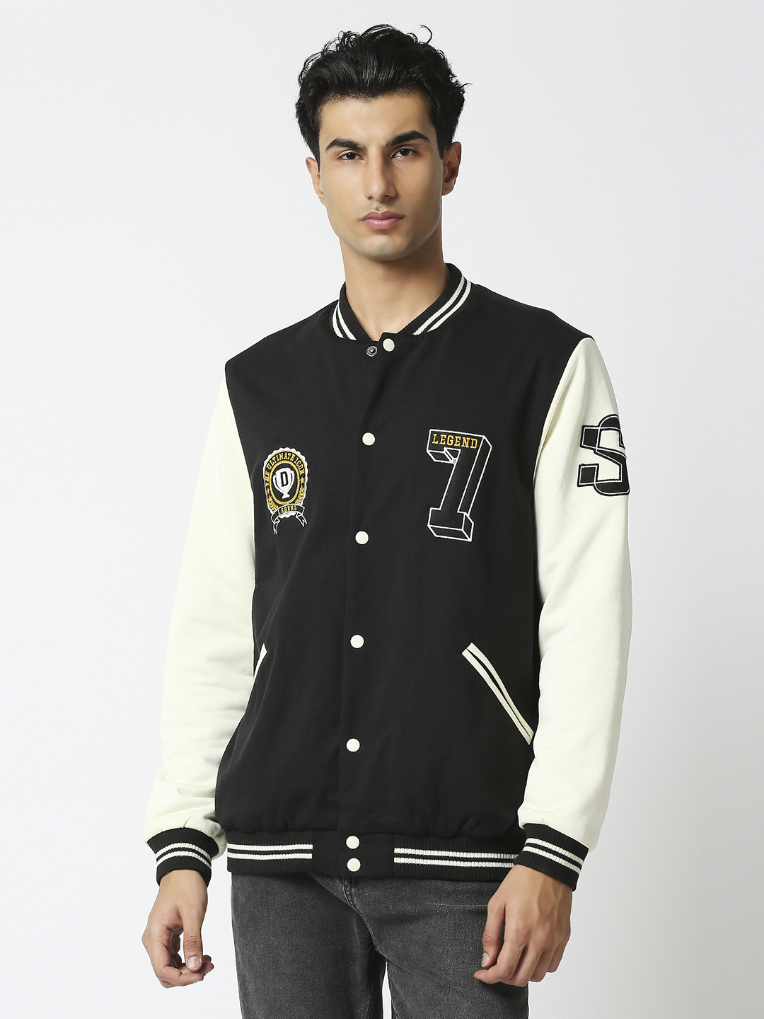 Men Black Printed Full Sleeves Stand-collar Outdoor Legend Varsity Jacket
