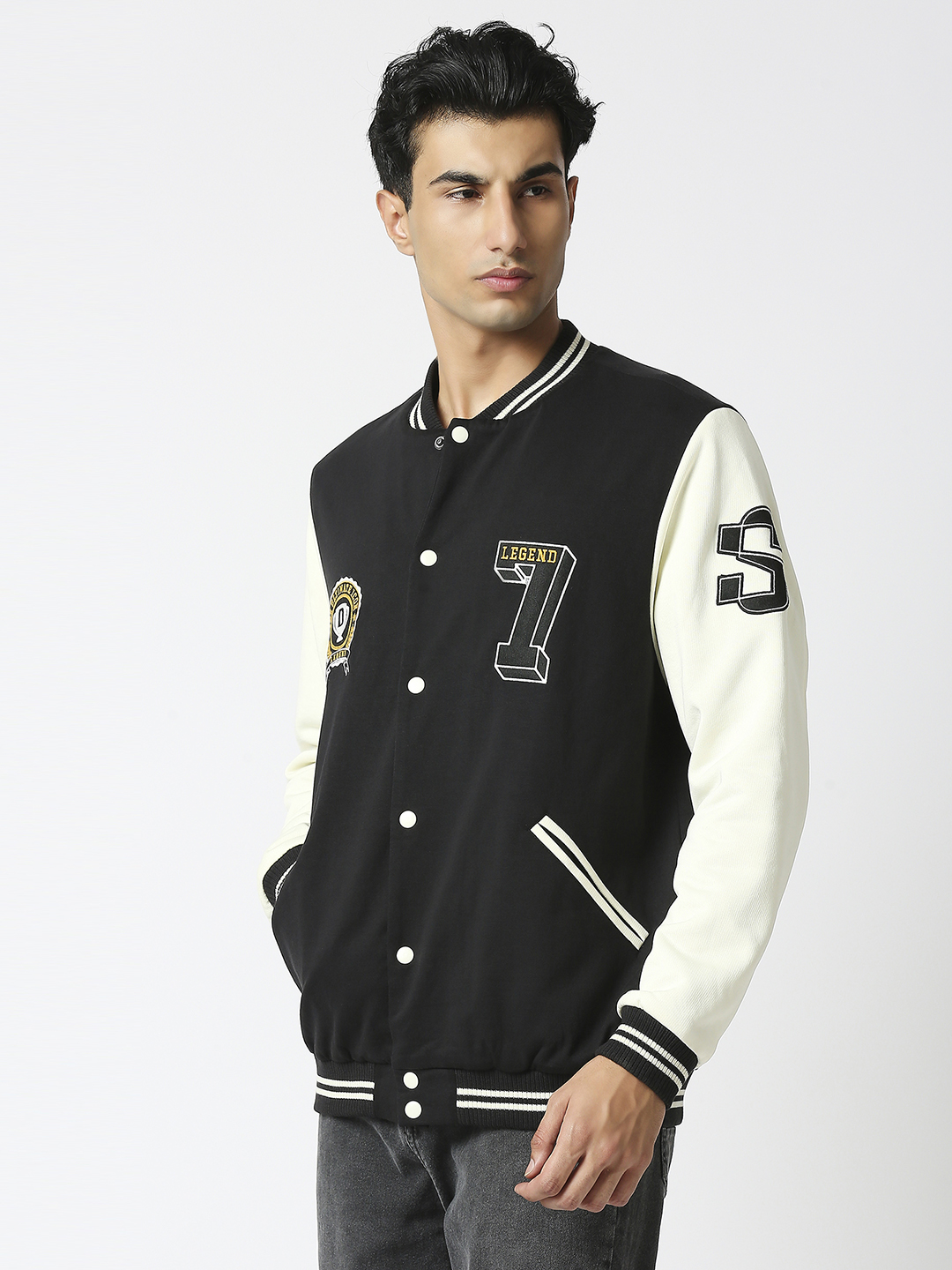 Supa Men Black Printed Full Sleeves Stand-collar Outdoor Legend Varsity Jacket (2)