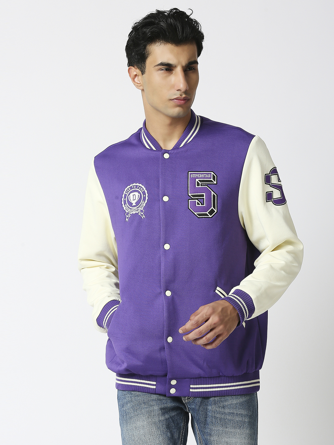 Men Purple Printed Full Sleeves Stand-collar Outdoor Superstar Varsity Jacket