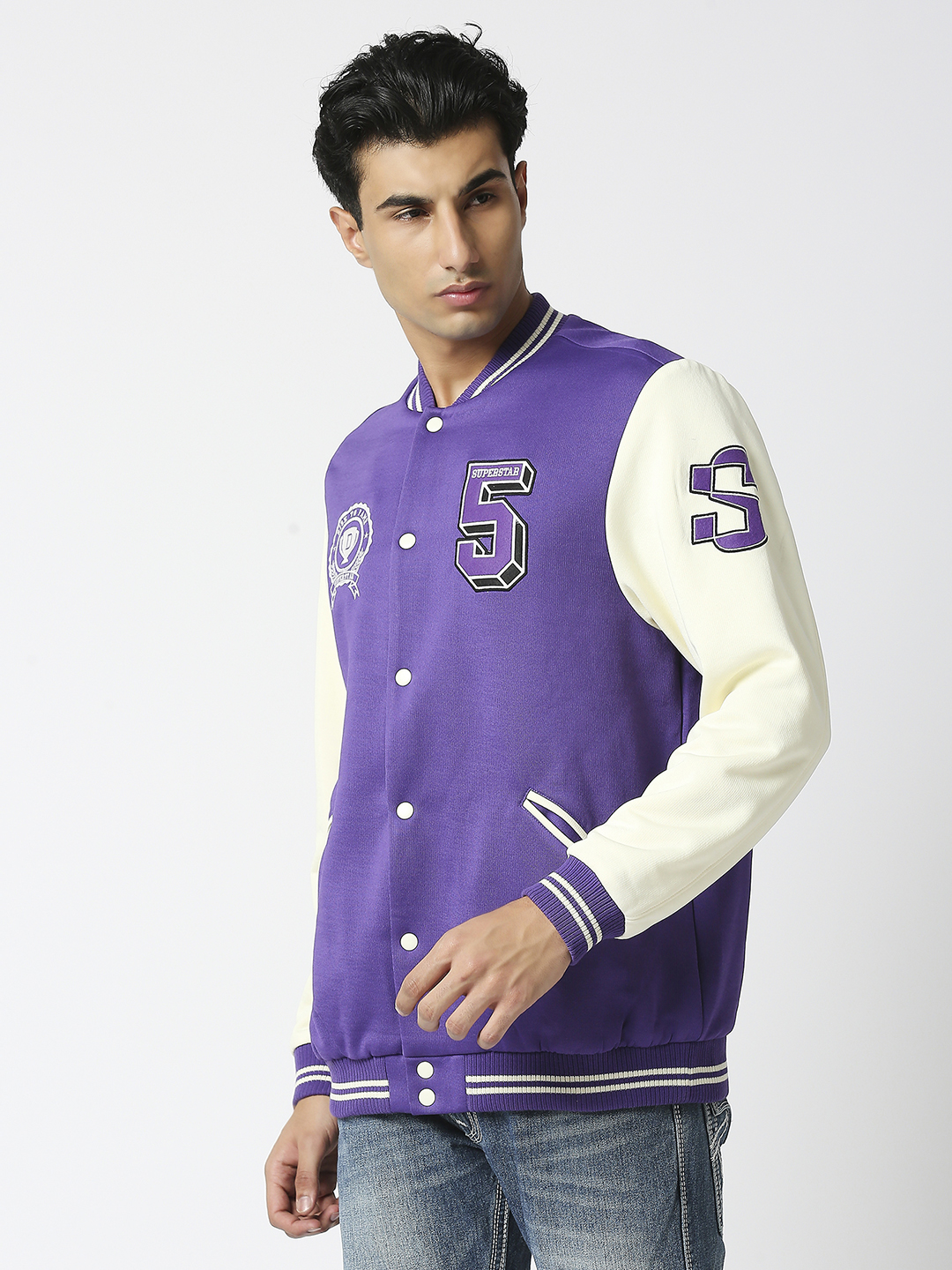 Supa Men Purple Printed Full Sleeves Stand-collar Outdoor Superstar Varsity Jacket (2)