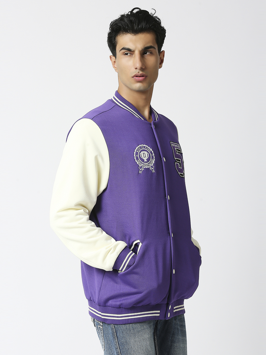 Supa Men Purple Printed Full Sleeves Stand-collar Outdoor Superstar Varsity Jacket (3)