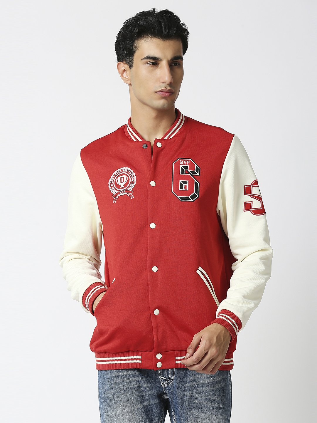 Men Red Printed Full Sleeves Stand-collar Outdoor MVP Varsity Jacket