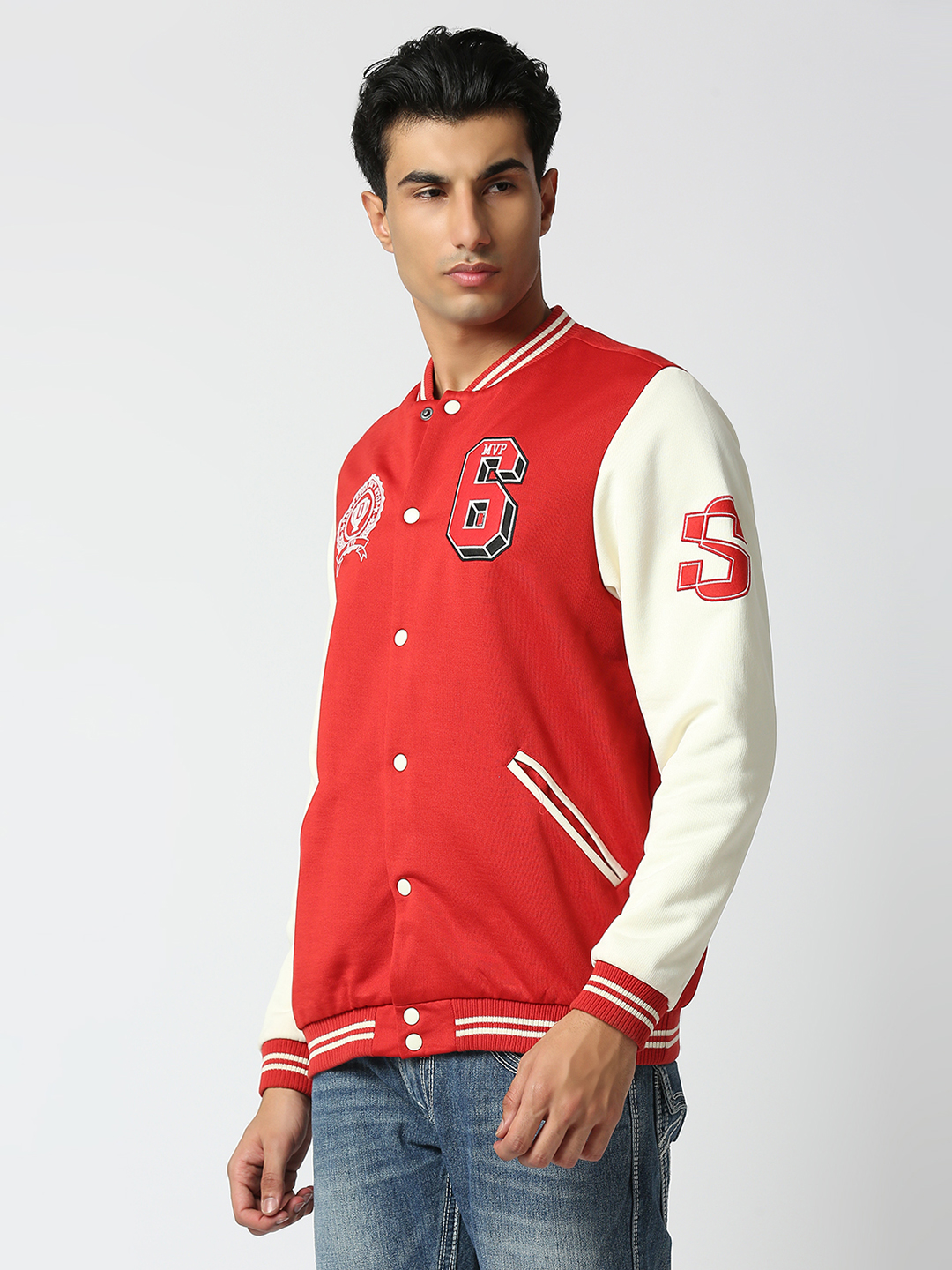 Supa Men Red Printed Full Sleeves Stand-collar Outdoor MVP Varsity Jacket (2)