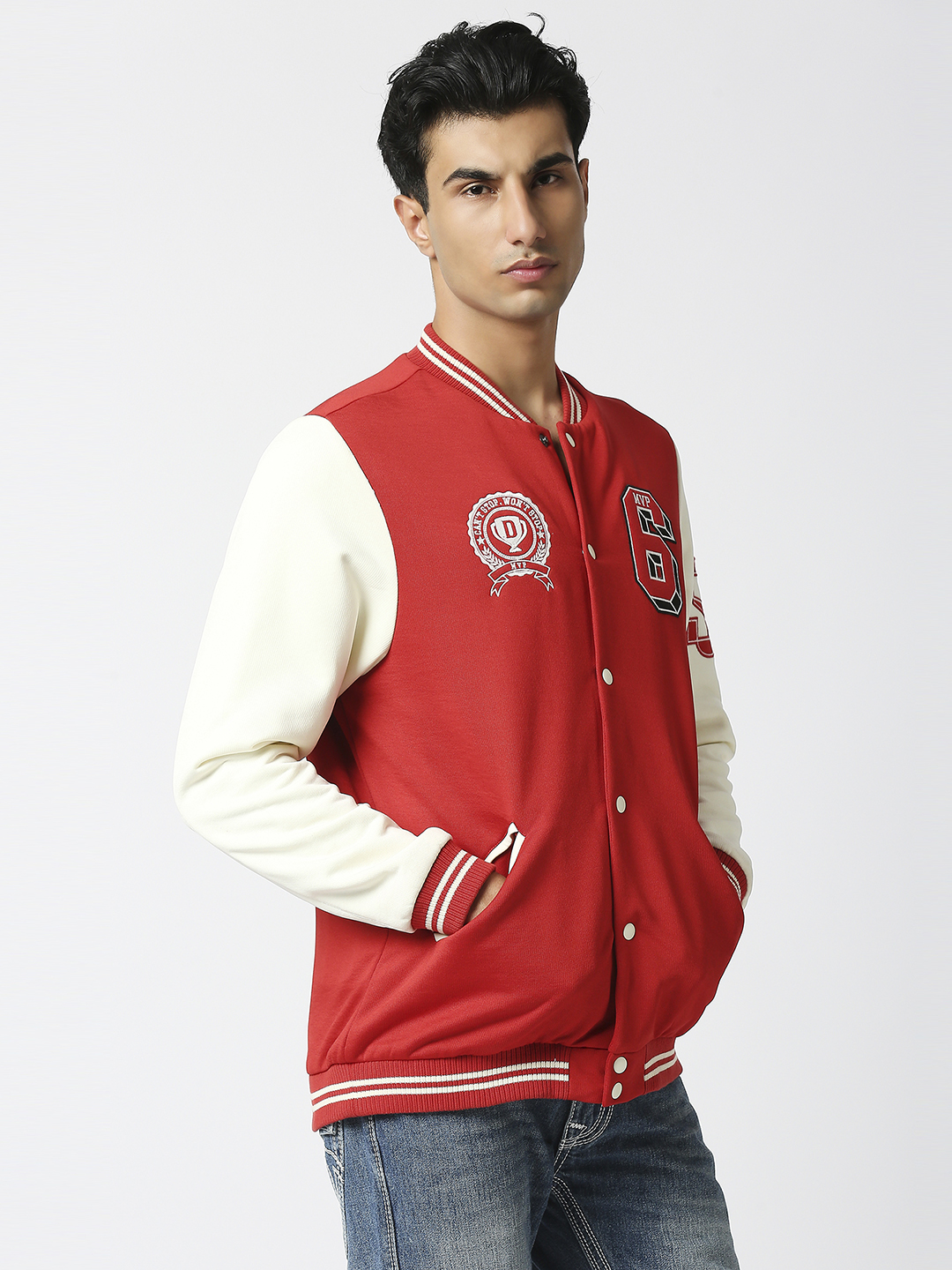 Supa Men Red Printed Full Sleeves Stand-collar Outdoor MVP Varsity Jacket (3)