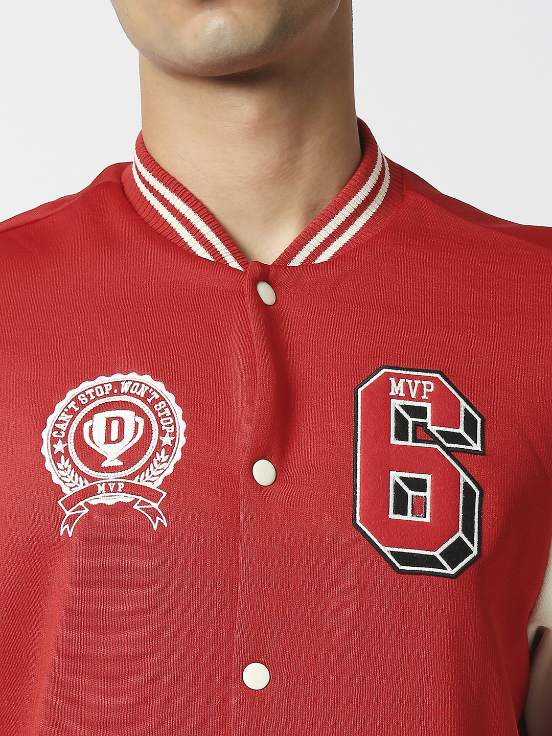 Supa Men Red Printed Full Sleeves Stand-collar Outdoor MVP Varsity Jacket (5)