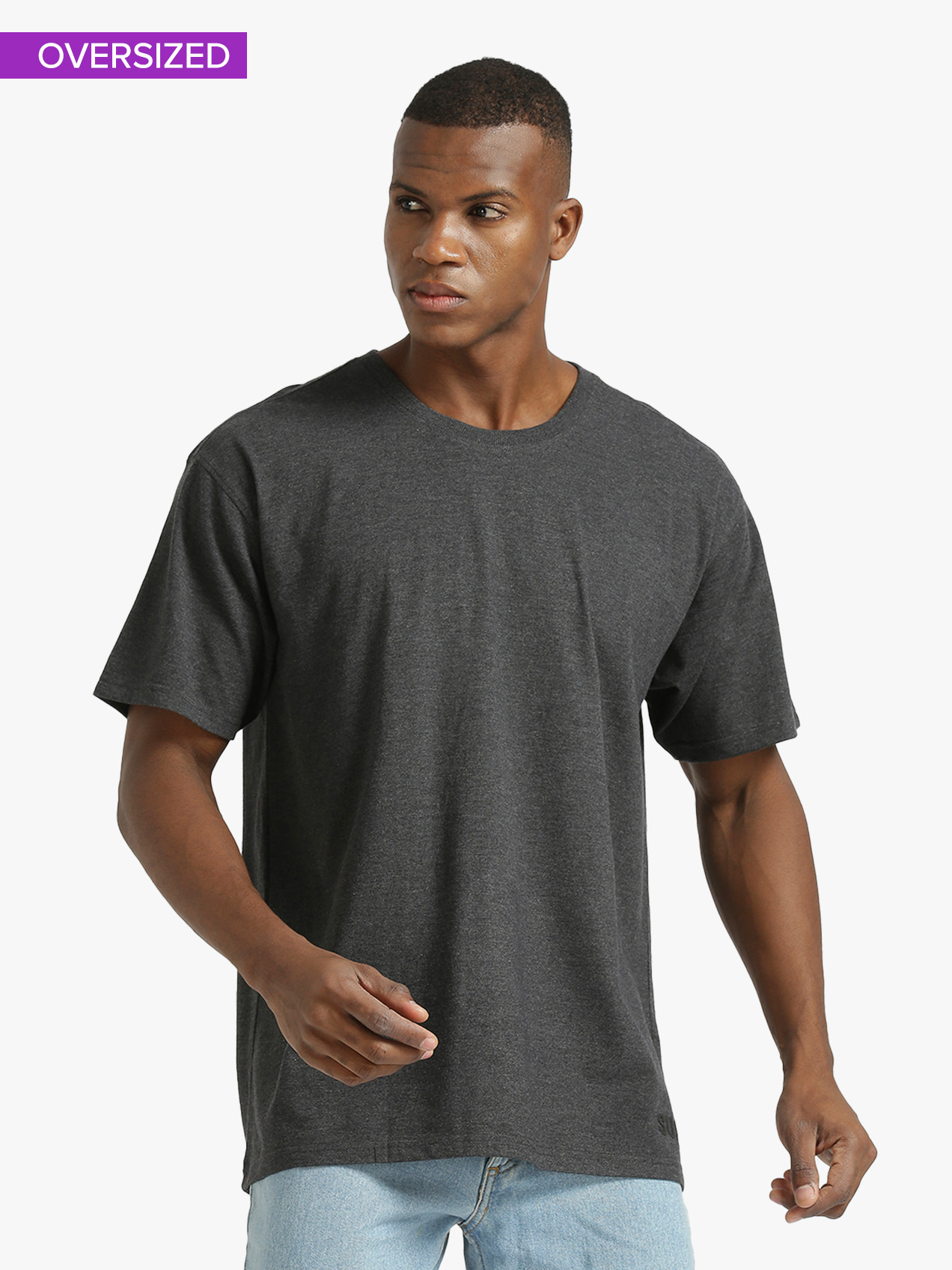 Supa Men Round Neck Anthra Melange Printed Oversize Polycotton T-shirt (1)