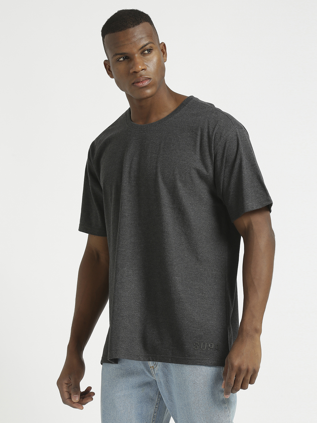 Supa Men Round Neck Anthra Melange Printed Oversize Polycotton T-shirt (2)