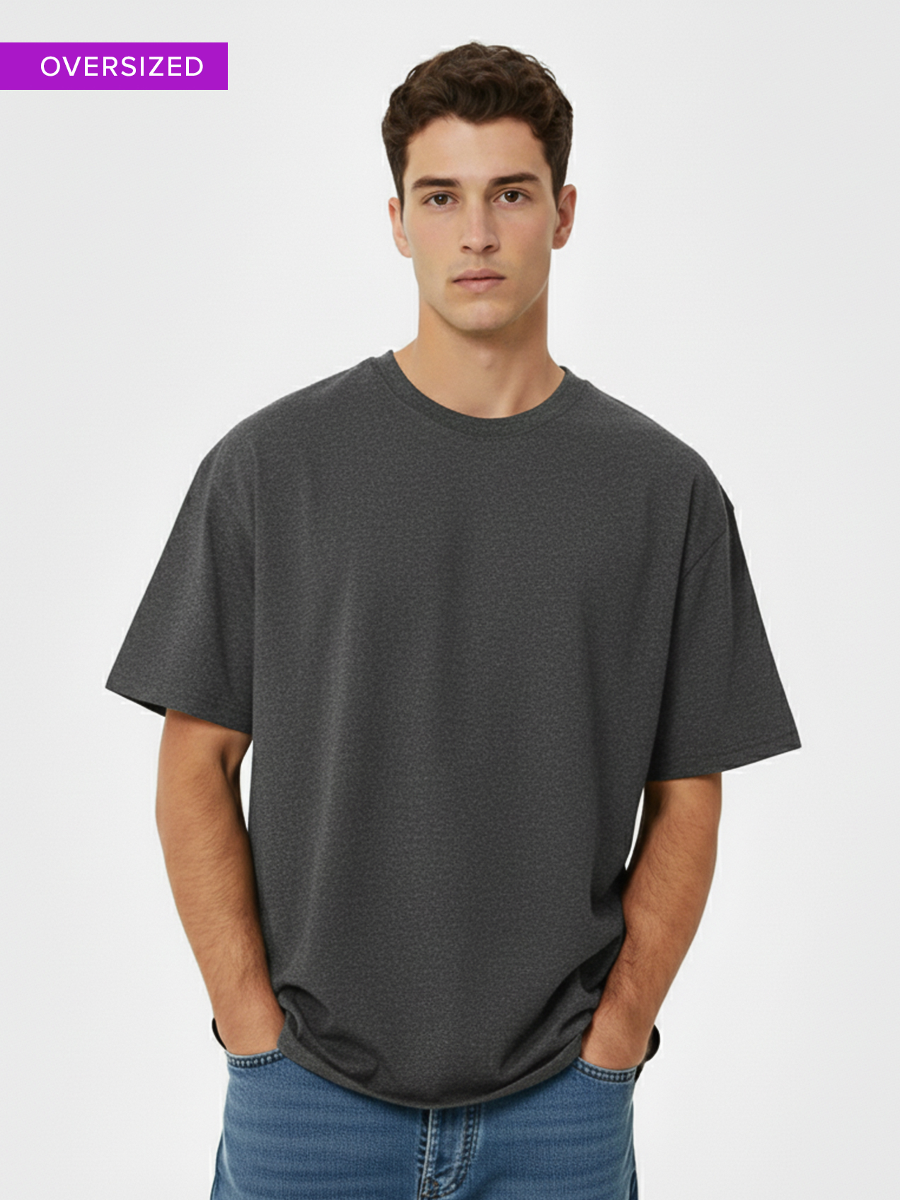 Men Round Neck Anthra Melange Printed Oversize Polycotton T-shirt