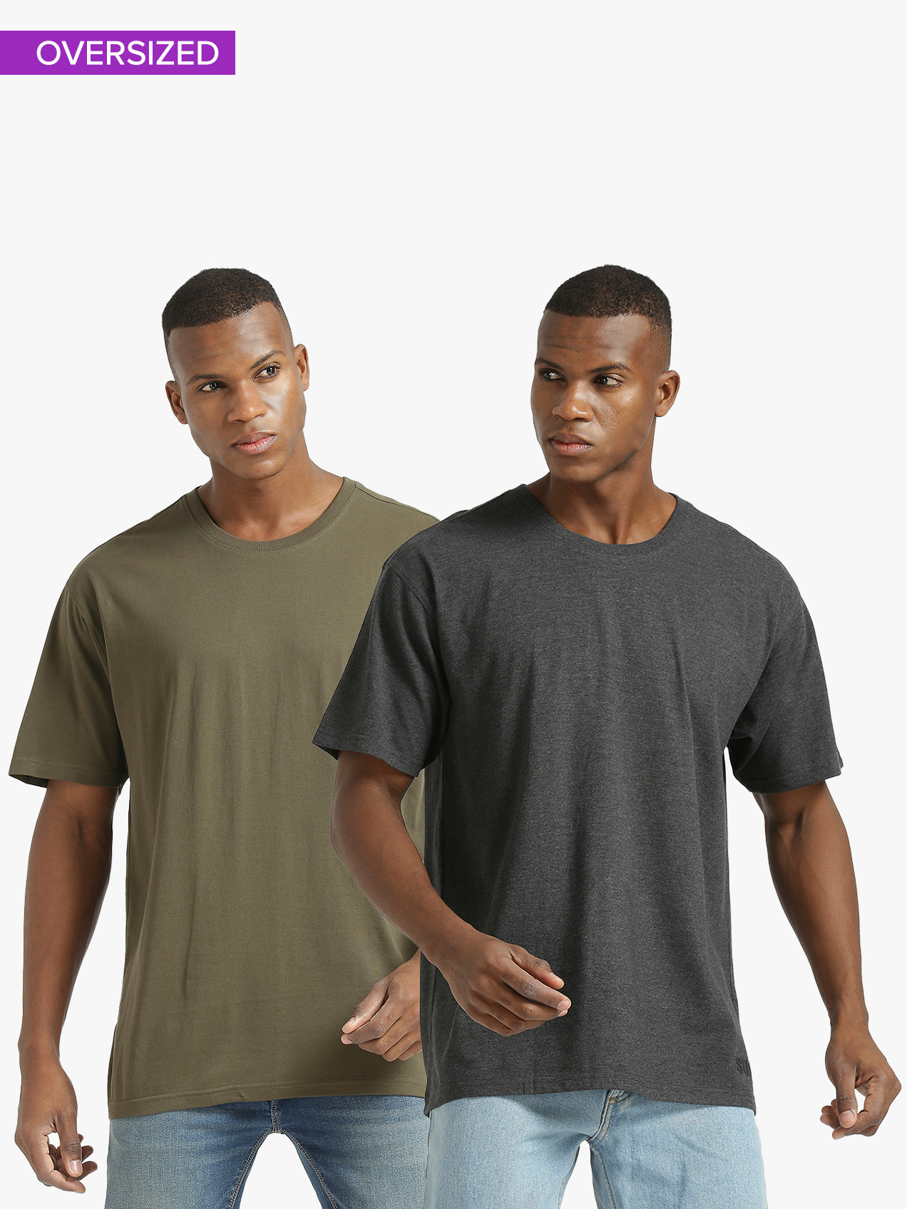Men Round Neck Anthra Olive Printed Oversized Polycotton T-shirt (Pack of 2)