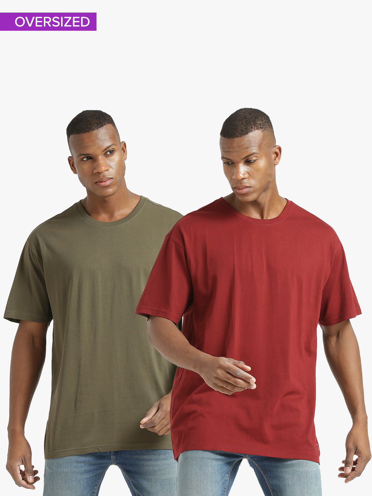 Men Round Neck Maroon Olive Printed Oversized Polycotton T-shirt (Pack of 2)