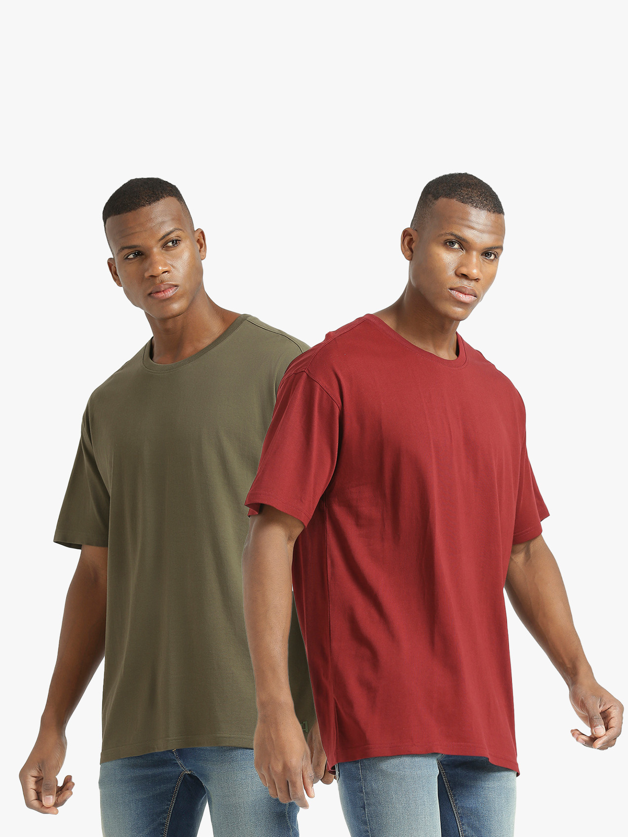 Supa Men Round Neck Maroon Olive Printed Oversized Polycotton T-shirt (Pack of 2) (4)