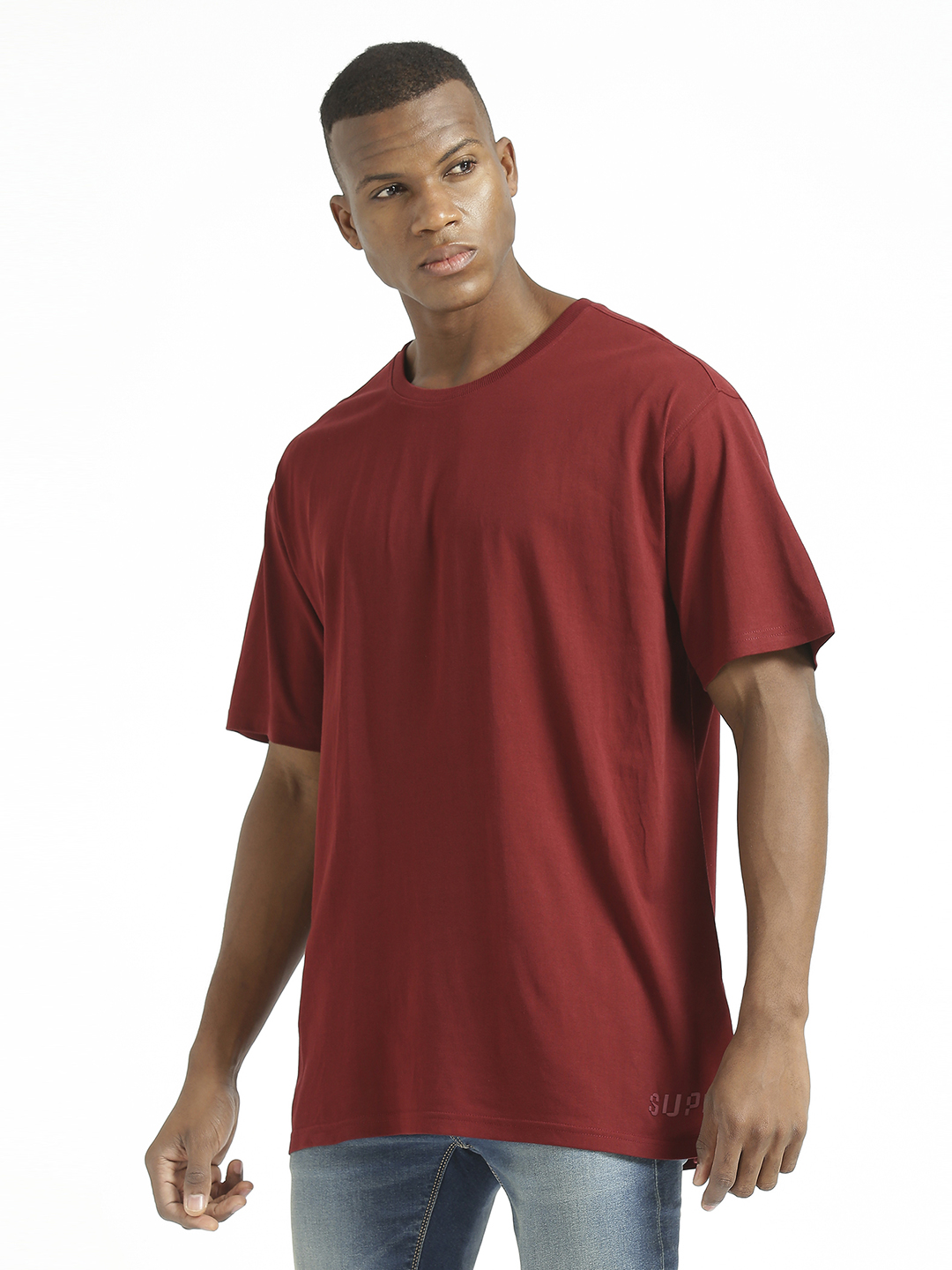 Supa Men Round Neck Maroon Printed Oversize Polycotton T-shirt (2)