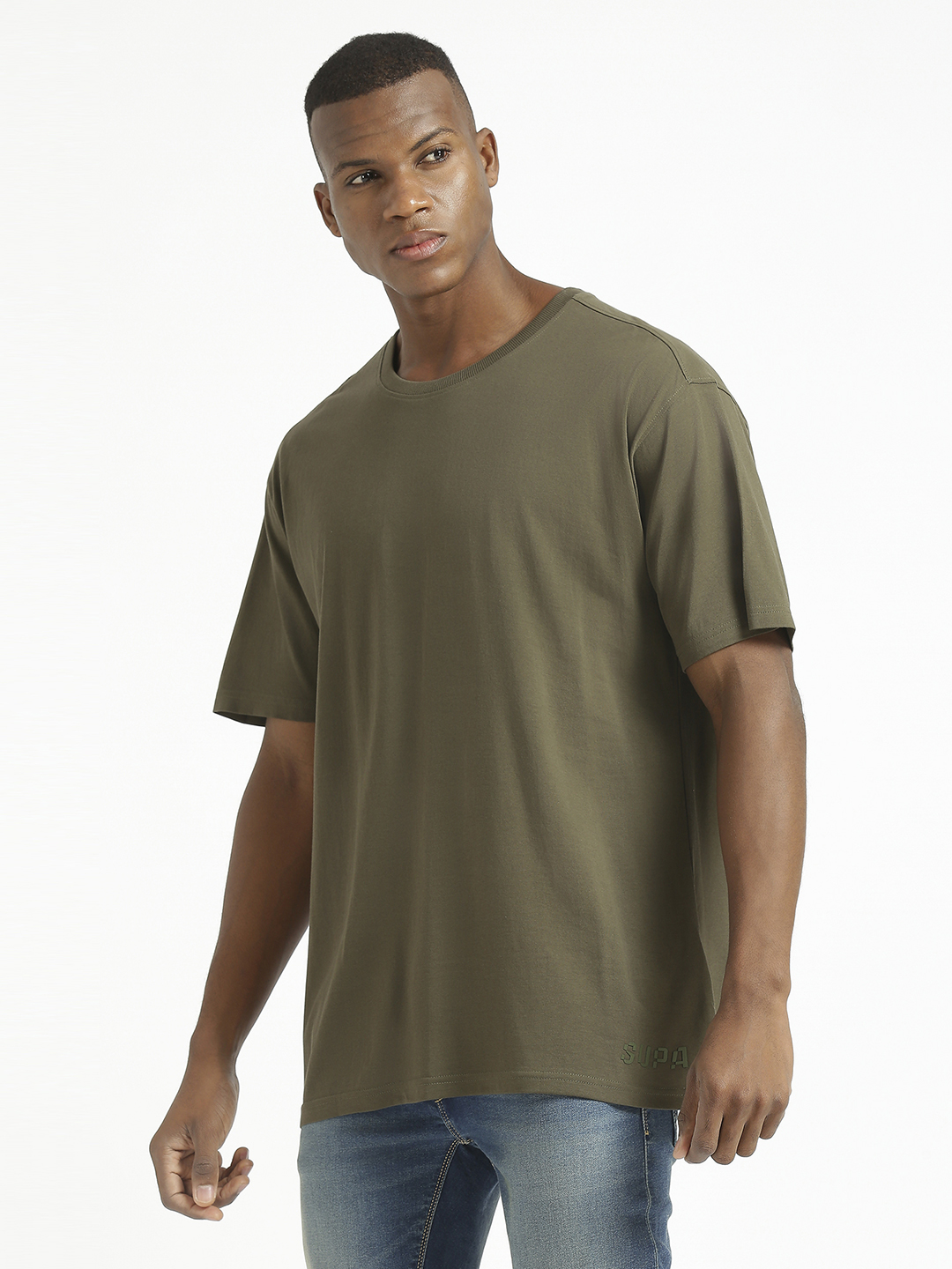 Supa Men Round Neck Olive Printed Oversize Polycotton T-shirt (2)
