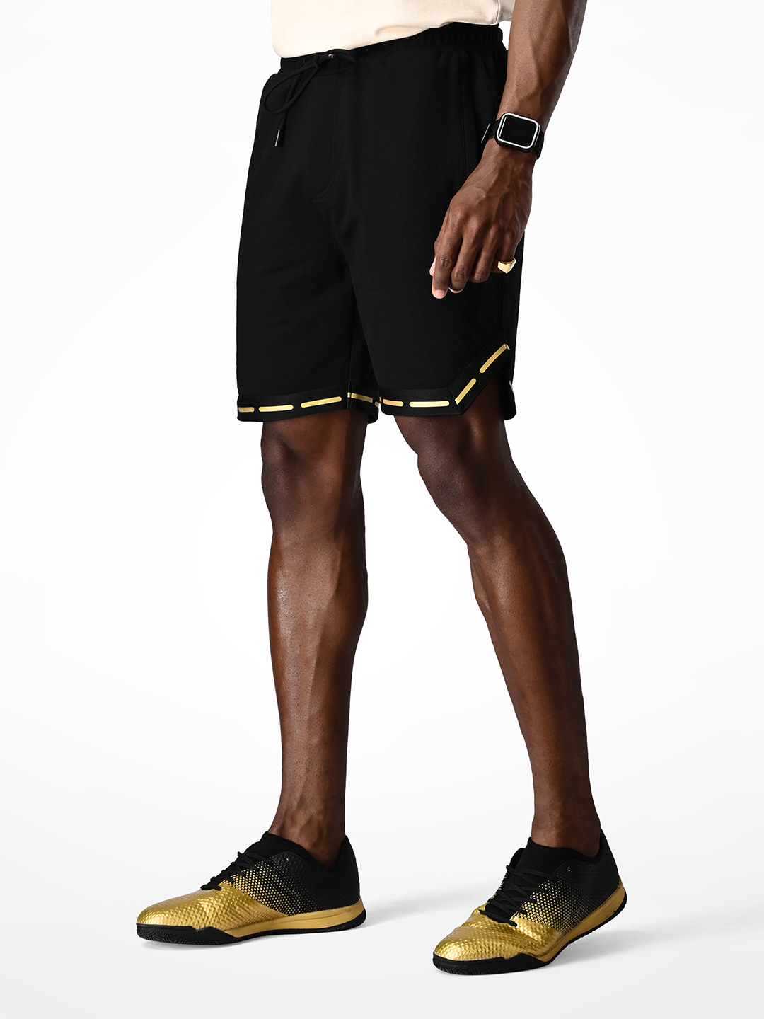 Mens Black and Gold Printed Polycotton Regular Fit Shorts
