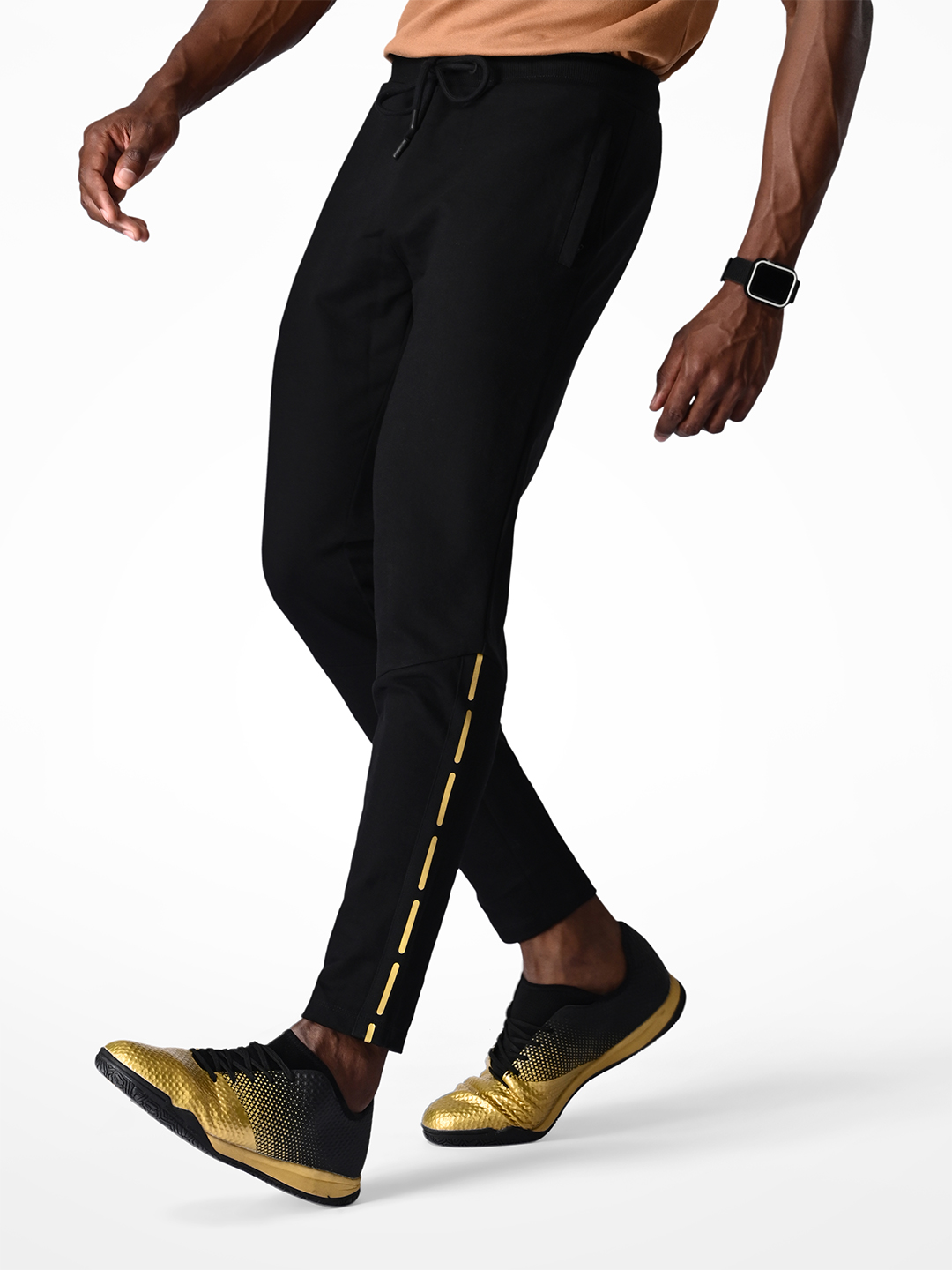 Mens Black & Gold Printed Polycotton Regular Fit Joggers