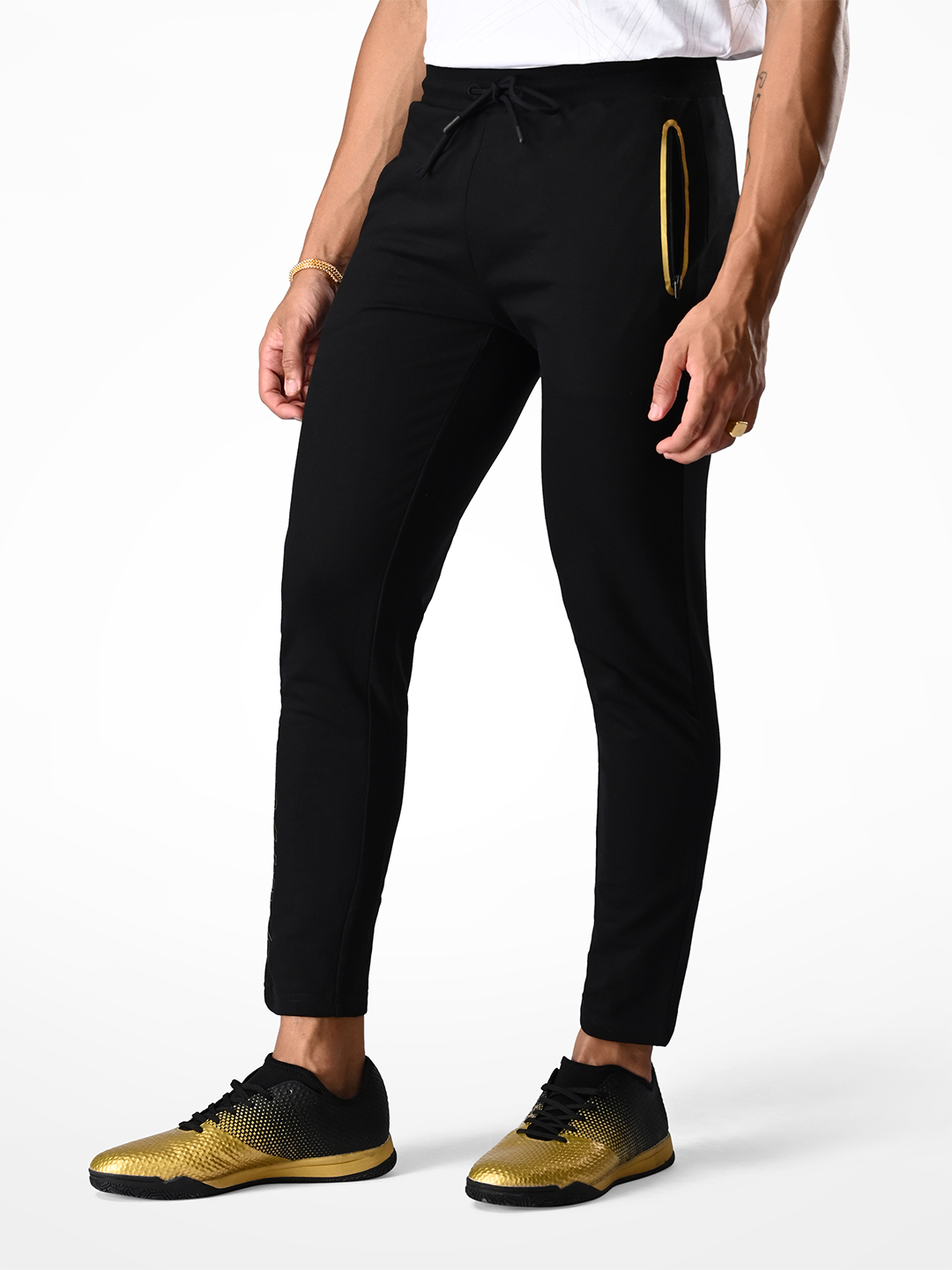 Mens Black & Gold Printed Polycotton Regular Fit Joggers