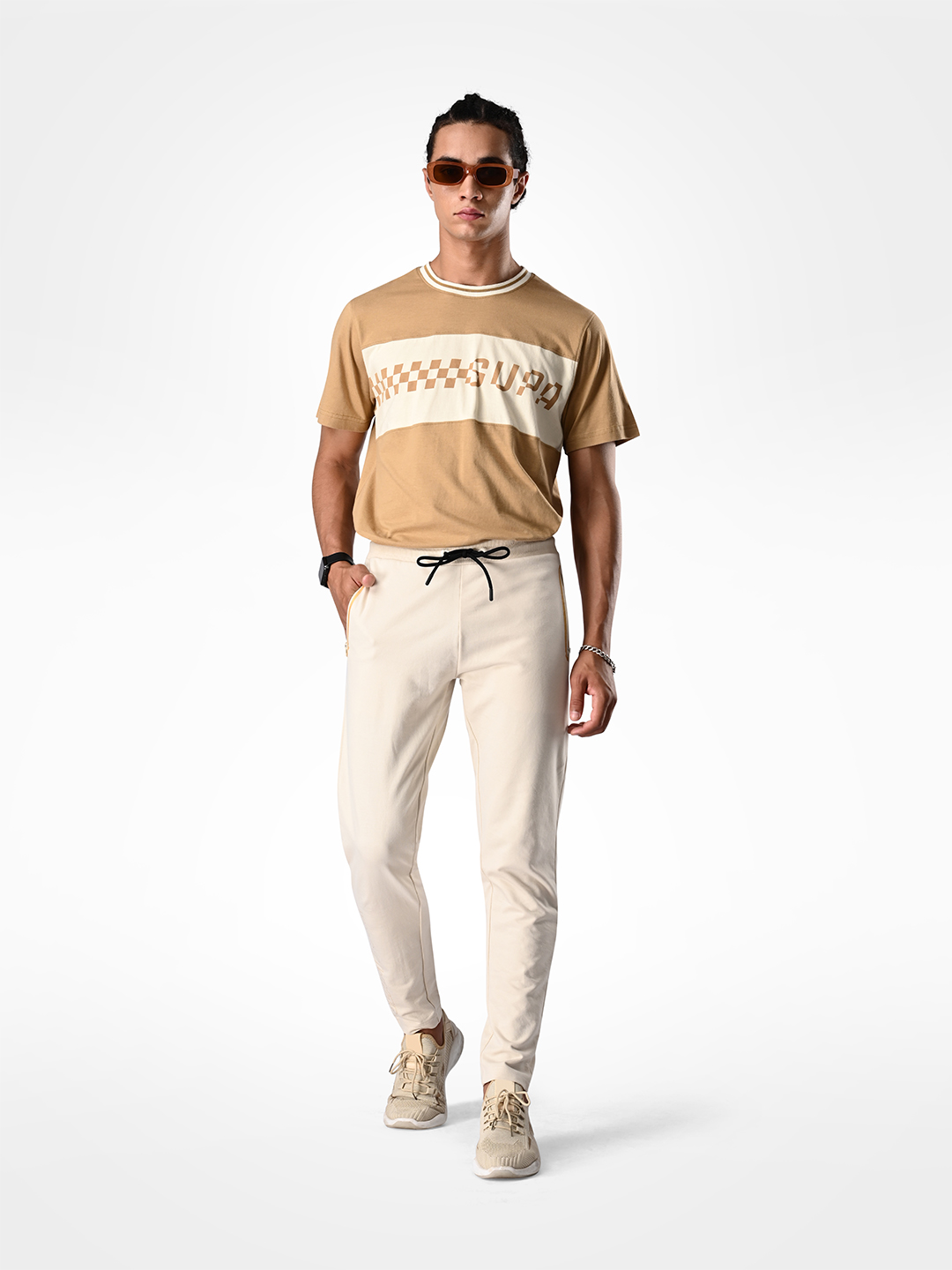 Supa Mens Off-white & Gold Printed Polycotton Regular Fit Joggers (5)