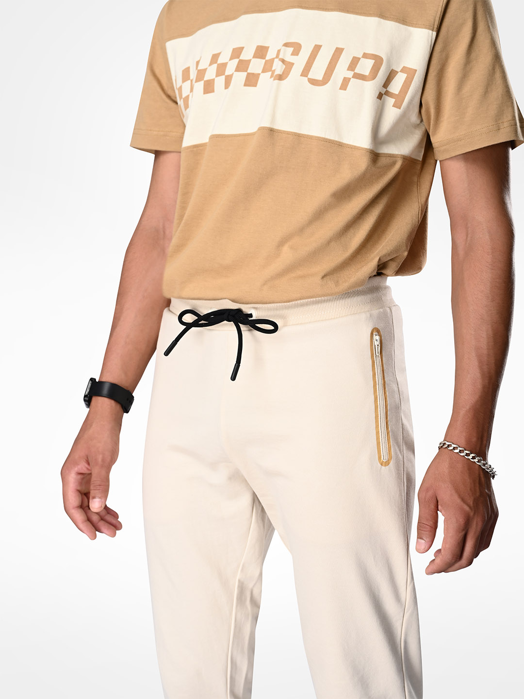 Supa Mens Off-white & Gold Printed Polycotton Regular Fit Joggers (2)