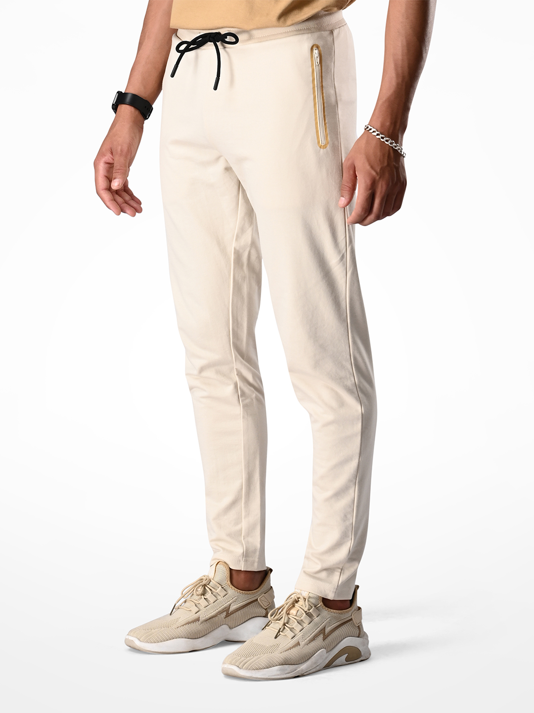 Mens Off-white & Gold Printed Polycotton Regular Fit Joggers